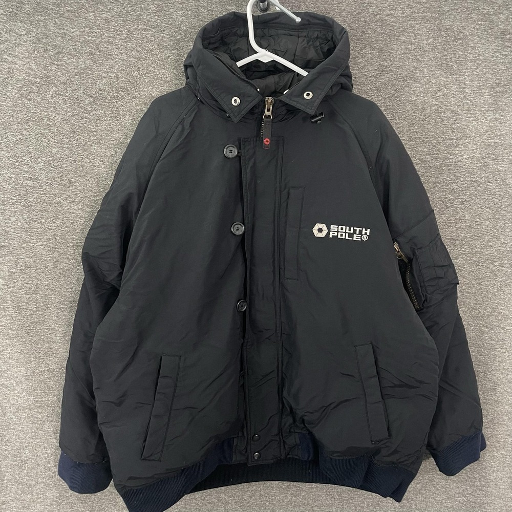 Southpole Jacket Mens XL Black Hooded Down Puffer Bomber Full Zip Winter Nylon - Picture 1 of 12